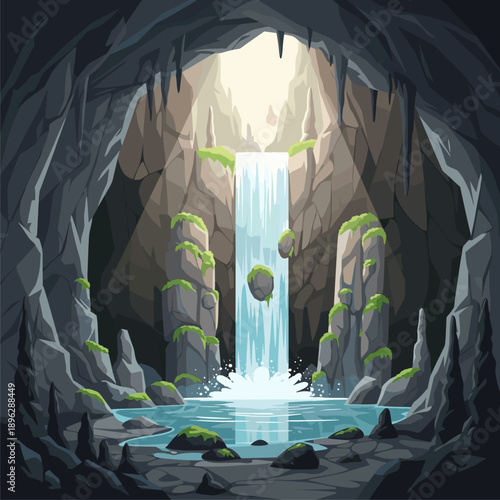 Mystical Cave Grotto with Cascading Waterfall and Sunlit Pool, Vector Illustration
