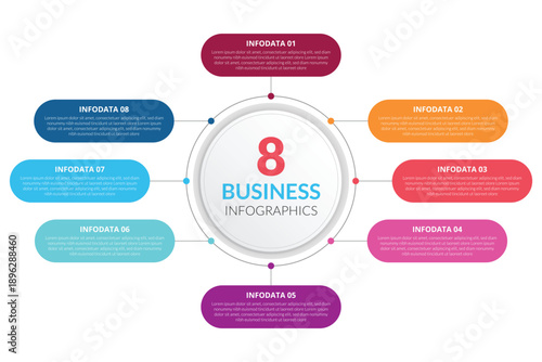 Eight business infographics template with colorful ovals and Lorem Ipsum text for presentations and reports.