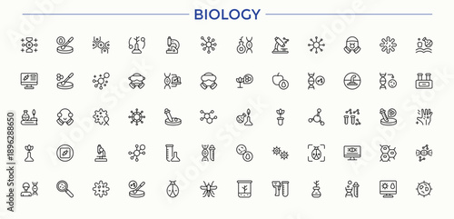 Biology line icon set. Scientific modern icon set. Contains such icons as experiment, research, technology, lab, chemical, scientific and more. Pixel perfect. Editable stroke.