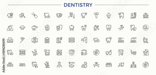 Dentistry vector line icon set. Modern vector illustration. Includes symbols for dental, oral, clinic, hospital, medical, tooth. Vector illustration. Medical vector icon set.