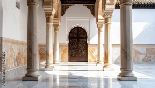 Grand colonnaded hallway with ornate wooden door bathed in sunlight, reflective floor