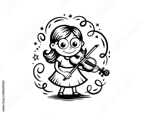 Vector flat illustration with doodle musicians. Music band plays their instruments. Fanny design for print, textile, postcard, advertising, music festivals, musical groups