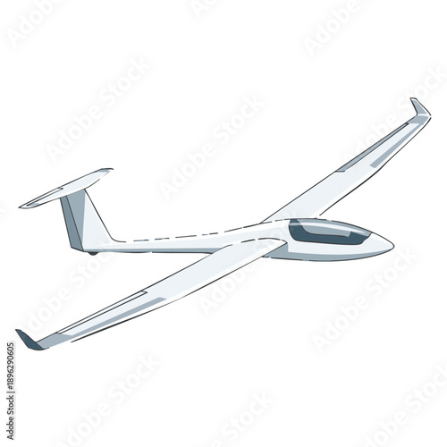 A white glider aircraft in flight, viewed from the side, with wings and tail, 159 TR eps style illustration