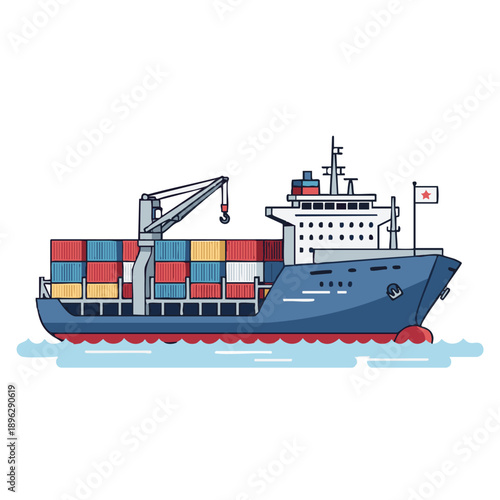 Cargo ship transporting colorful containers at sea with crane on deck, 161 TR.eps illustration