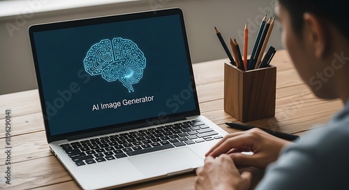 Person using laptop with ai image generator on screen