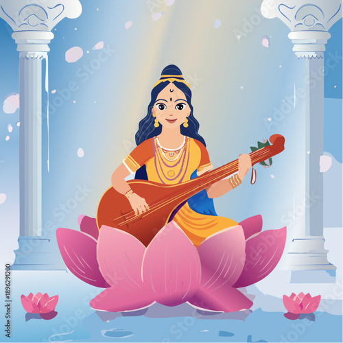 A beautiful illustration of Hindu goddess Saraswati playing veena on a lotus flower, surrounded by pillars and falling petals.