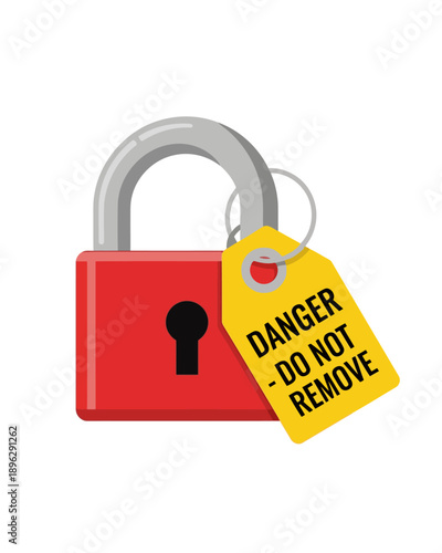 Red padlock with danger tag attached displaying warning sign on shiny metal arch