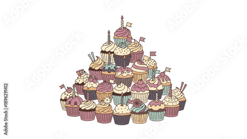 Digital illustration of a pyramid-shaped stack of colorful cupcakes with white frosting and decorative toppings on a plain white background.