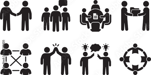 Comprehensive Set of Business Interaction Icons: Teamwork, Partnership, Meeting, Networking, and Communication Vector Symbols for Corporate Presentations, Digital Apps, and UI/UX Design.