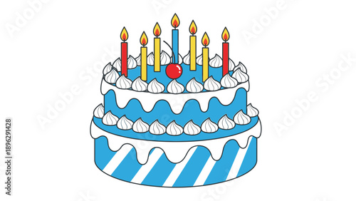 Illustration of a blue and white birthday cake with icing and lit candles on a plain background.