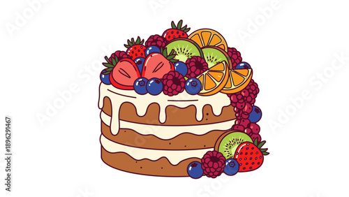 Illustration of a layered cake topped with icing and an assortment of fruits, including strawberries, blueberries, kiwi, and orange slices, on a plain white background.