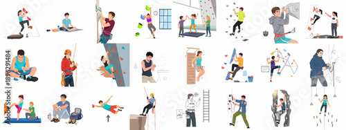 Rock Climbing and Bouldering Activities Set: People Training, Belaying, Resting, and Using Safety Gear in Gym and Outdoor Environments.