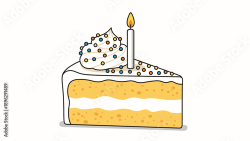 Illustration of a slice of yellow cake with white frosting, colorful sprinkles, and a lit candle on top against a plain white background.