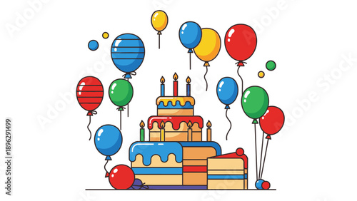 Colorful illustration of a multi-tiered birthday cake with lit candles surrounded by floating balloons on white background.