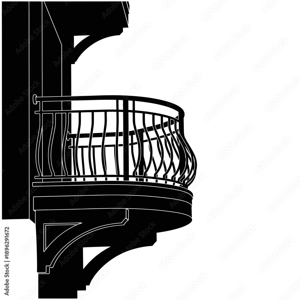 Fototapeta premium Silhouette of an architectural balcony with railing, building detail, black vector shape on white background