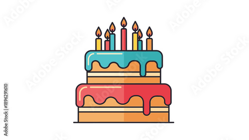 Colorful cartoon illustration of a two-layer birthday cake with icing and candles against a plain white background.