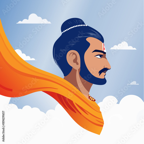 Stylized profile illustration of a dark-skinned man with a beard, top knot, and red tilak, wearing a flowing orange garment against a cloudy blue sky, evoking a sense of divinity or heroism.