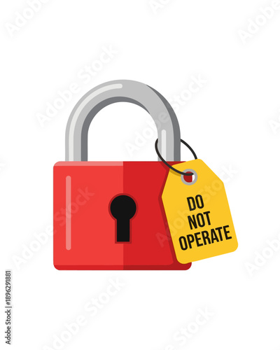 A digital illustration of a red padlock with a warning tag on a plain background viewed from the front