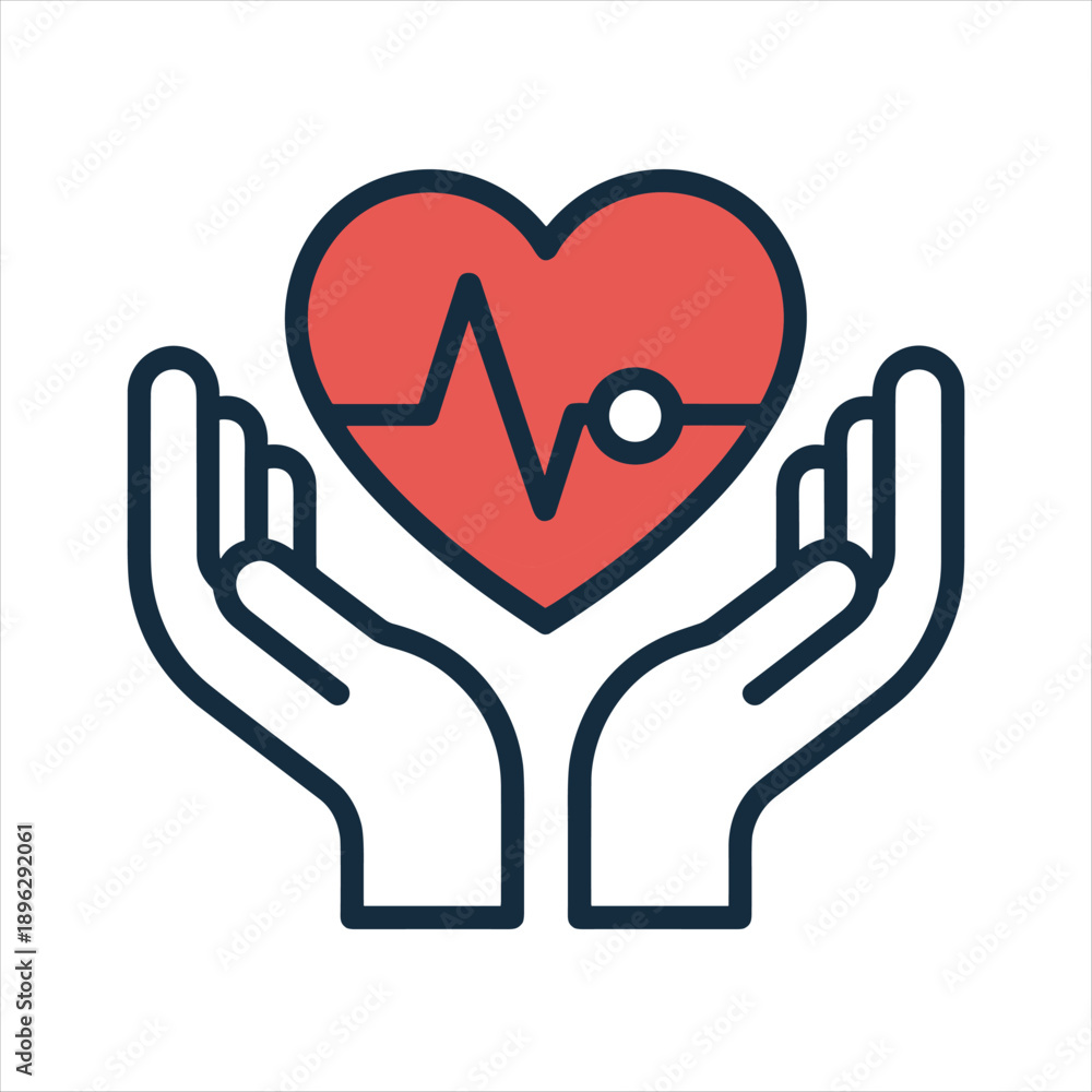 Obraz premium Hands Holding Heart with Pulse Line Vector Icon – Healthcare and Medical Support Concept Illustration