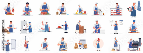 Butcher Characters Vector Set: Meat preparation, cutting, weighing, packaging, cleaning, and inventory management activities in a professional butchery.