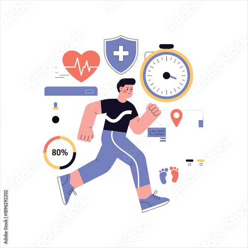 Fitness Tracking Illustration with Running Man, Health Monitoring Dashboard and Medical Icons