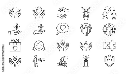 Thin line kindness and care icons for social and charity design