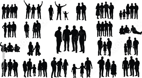 People group silhouettes collection showing families, friends, couples and teams interacting together, social relationships isolated on white background vector illustration