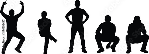 Men silhouettes collection showing confident standing, squatting and expressive poses, strong body language and masculine attitude isolated on white background