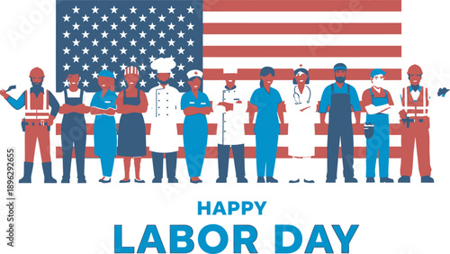 Happy labor day celebration with american workers from various professions