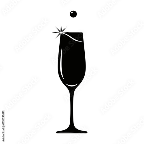 Silhouette of a champagne glass with bubbles, celebration toast, black vector shape on white background
