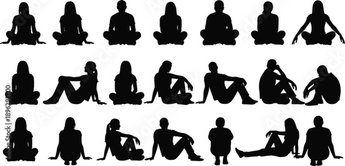 Seated people silhouettes collection showing meditation, relaxation and casual sitting poses, calm emotions and human body language isolated on white background