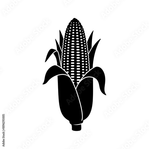 Silhouette of a corn cob with husk, farm harvest and vegetable, black vector shape on white background