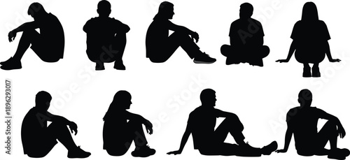 Sitting and squatting people silhouettes collection showing relaxed, thoughtful and casual poses, human emotions and body language isolated on white background