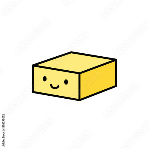 Cute cartoon butter block with a smiling face on a white background  