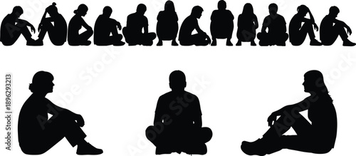 Sitting people silhouettes collection showing relaxed, thoughtful and casual poses, human posture variations isolated on white background vector illustration