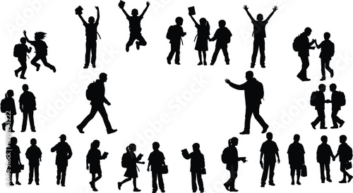 Student people silhouettes collection showing school children walking, jumping, reading and celebrating, education lifestyle activities isolated on white background