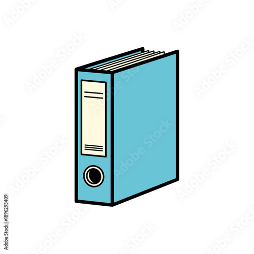 Blue binder folder with label and spine, closed and upright  