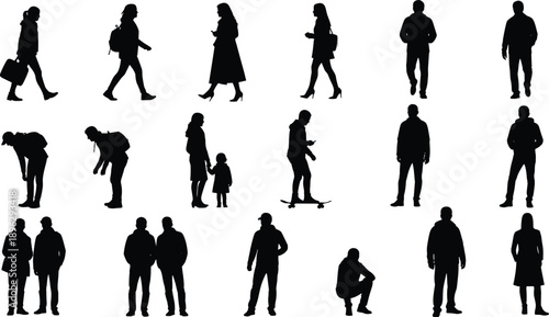 Urban people silhouettes collection showing walking, standing, bending and family poses, everyday city lifestyle activities isolated on white background