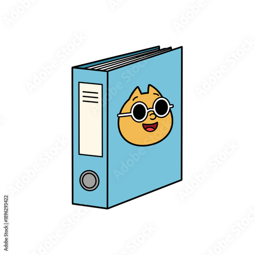 Cartoon binder with happy cat face and sunglasses in blue color  