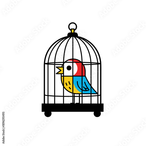 Colorful bird inside a black cage with open door and cheerful expression  