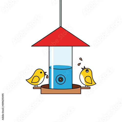 Yellow birds feeding from a clear bird feeder with red roof  