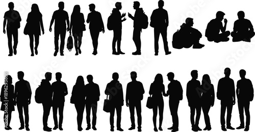 Urban people silhouettes collection showing walking, talking, sitting and standing poses, everyday lifestyle and social interaction isolated on white background