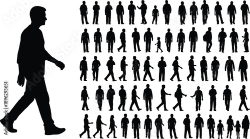 Walking people silhouettes mega collection showing men and children in various poses, human movement and everyday lifestyle isolated on white background