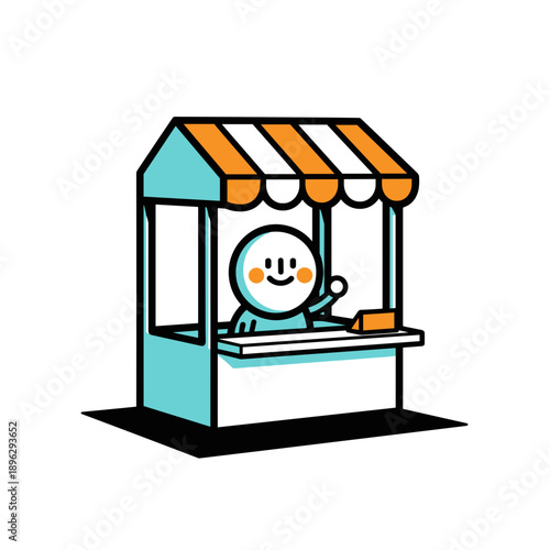 Cartoon character waving from a colorful market booth with striped awning  