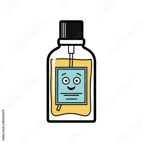 Cartoon bottle of aftershave with a smiling face and label  