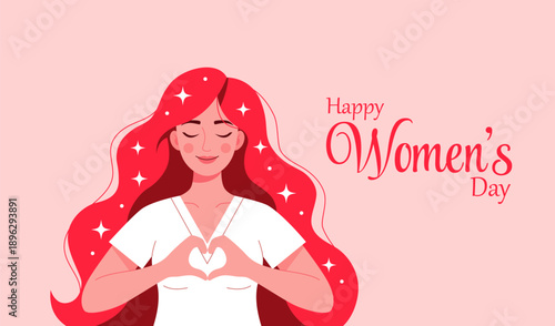 Happy women's day greeting card illustration with a smiling woman making a heart shape with her hands