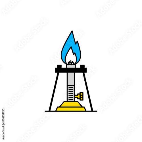 Bunsen burner with blue flame in minimalist style on white background  
