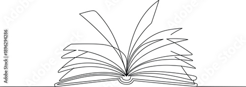 Open book with pages fanning out in black line black and white