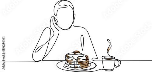 Person resting head on hand with pancakes and coffee