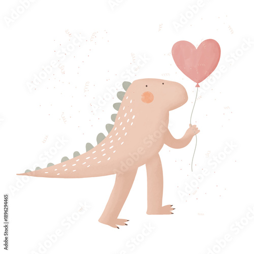 Cute Pink Dinosaur Holding Red Heart Balloon. Party Dino With Balloon of Heart Shape and Confetti Rain. Funny Hand Drawn Vector Greeting Card With Cool Dinosaur.